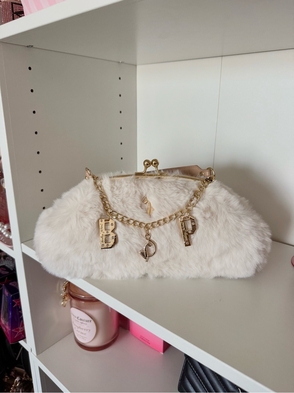 Baby Phat Cream Faux Fur Chain Clasp Clutch